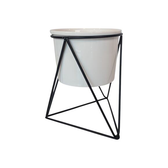 Triangular Black Wire Stand and White Ceramic Planter 4 in - Picture 2 of 9